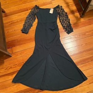 BTFBM Off The Shoulder Ruched Side 3D Flower Mesh Sleeve Dress Green Small